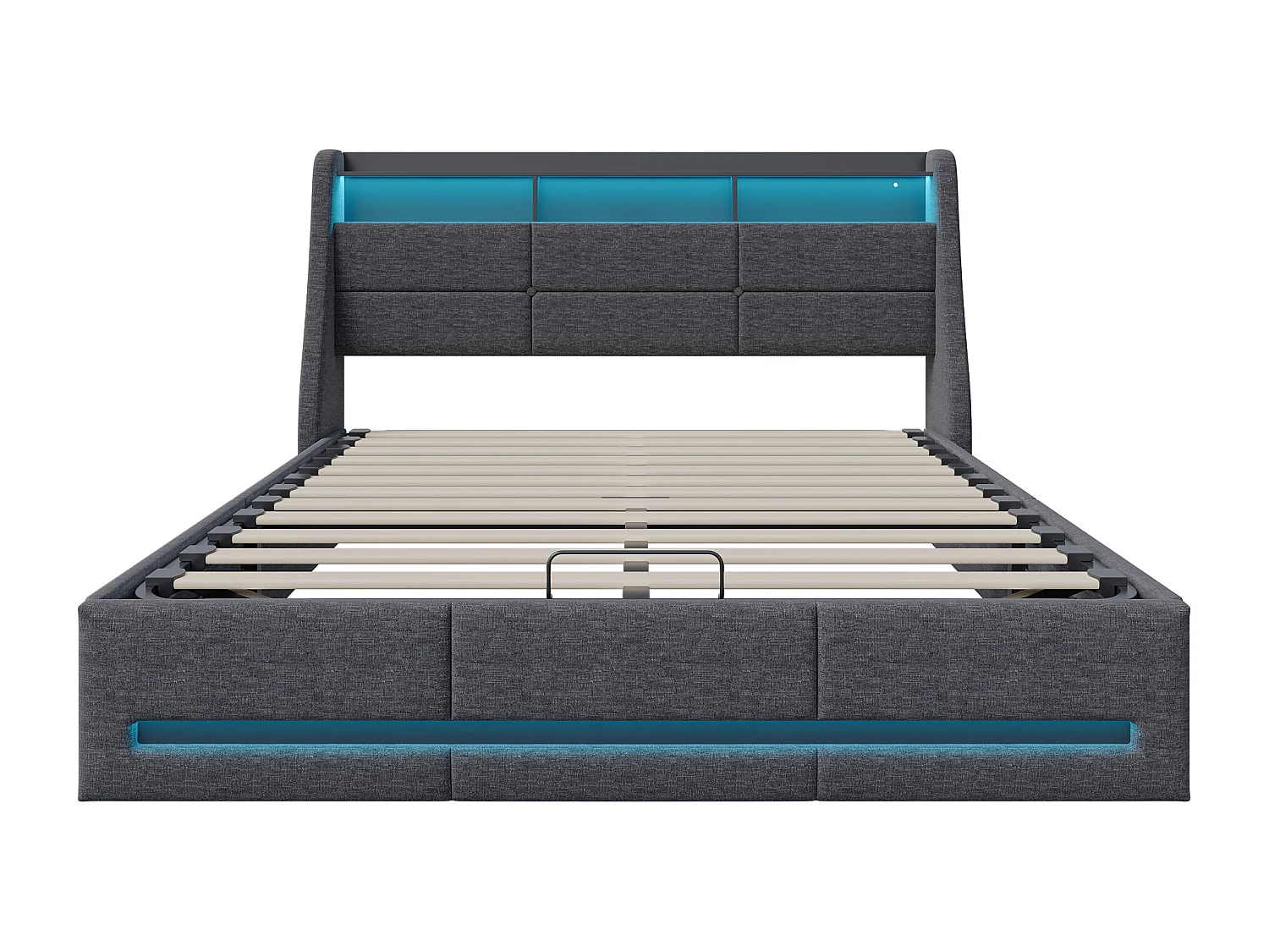 Lit rembourré 140x190cm avec coffre de rangement hydraulique - éclairage LED et port USB - lin - gris