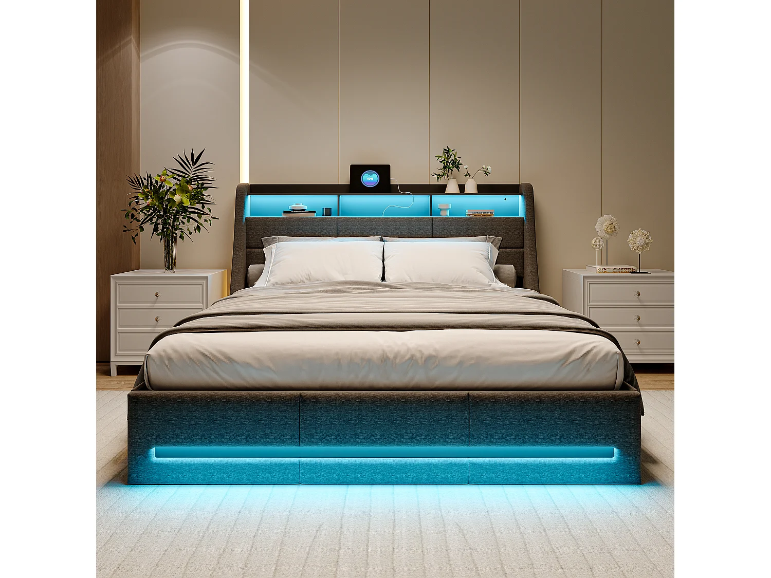 Cama tapizada 140x190cm con compartimento hidráulico - iluminación LED y puerto USB - lino - gris