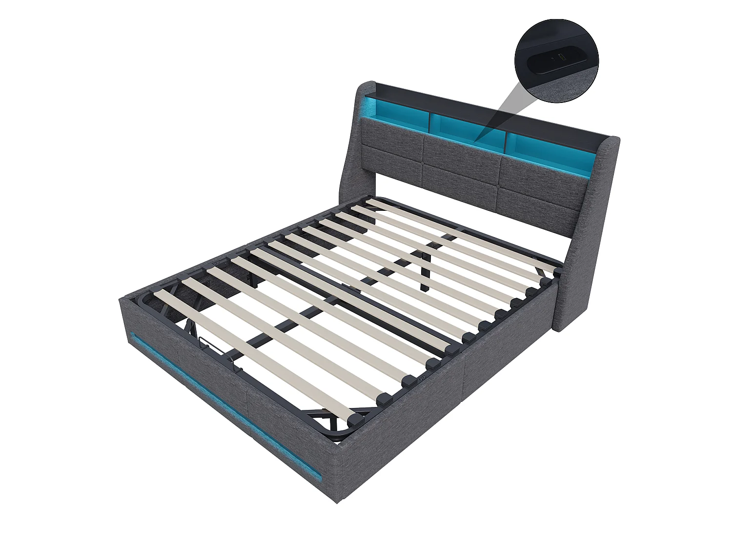 Cama tapizada 140x190cm con compartimento hidráulico - iluminación LED y puerto USB - lino - gris