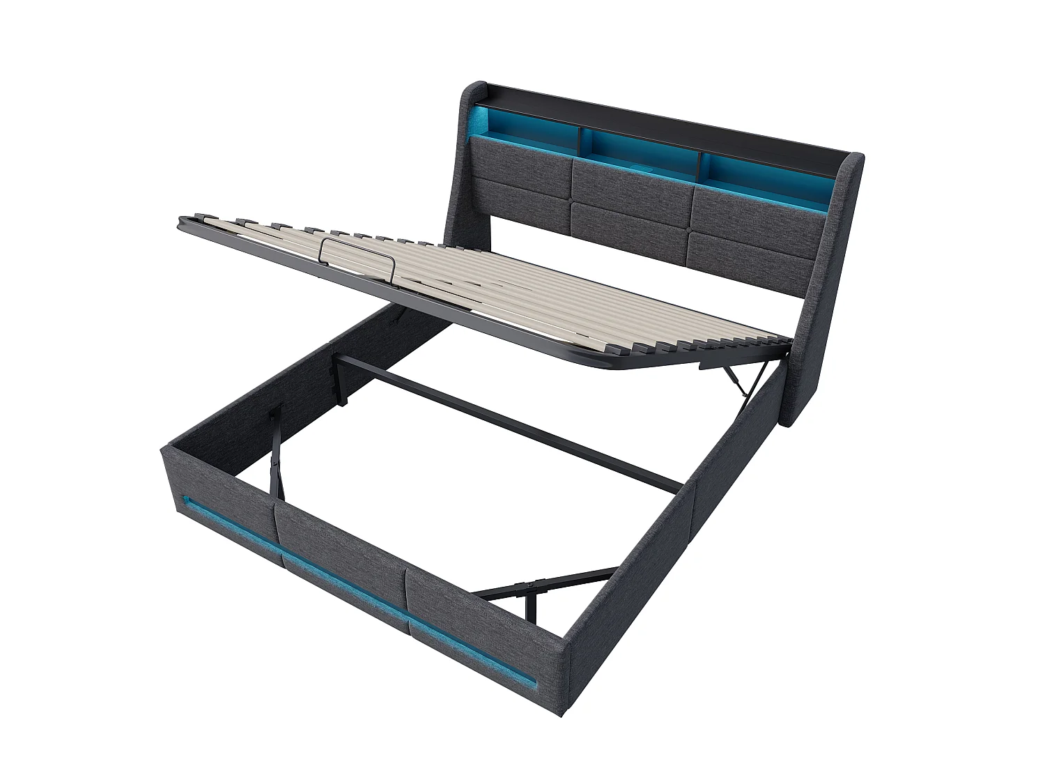Cama tapizada 140x190cm con compartimento hidráulico - iluminación LED y puerto USB - lino - gris