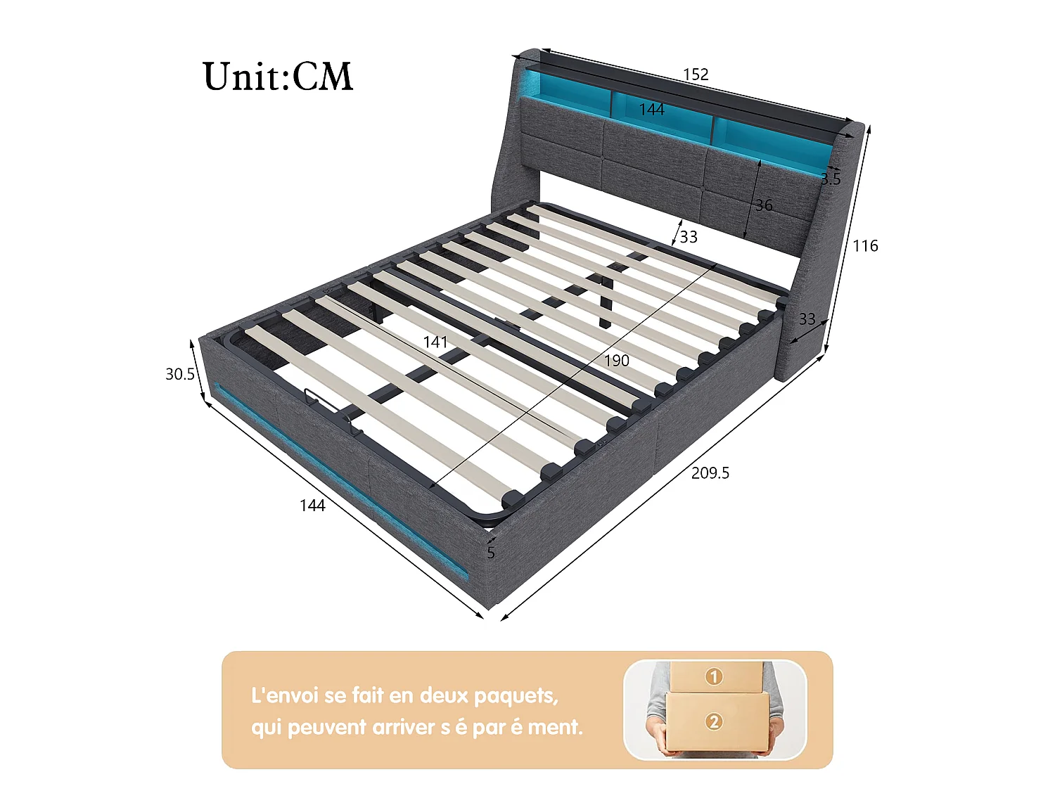 Cama tapizada 140x190cm con compartimento hidráulico - iluminación LED y puerto USB - lino - gris
