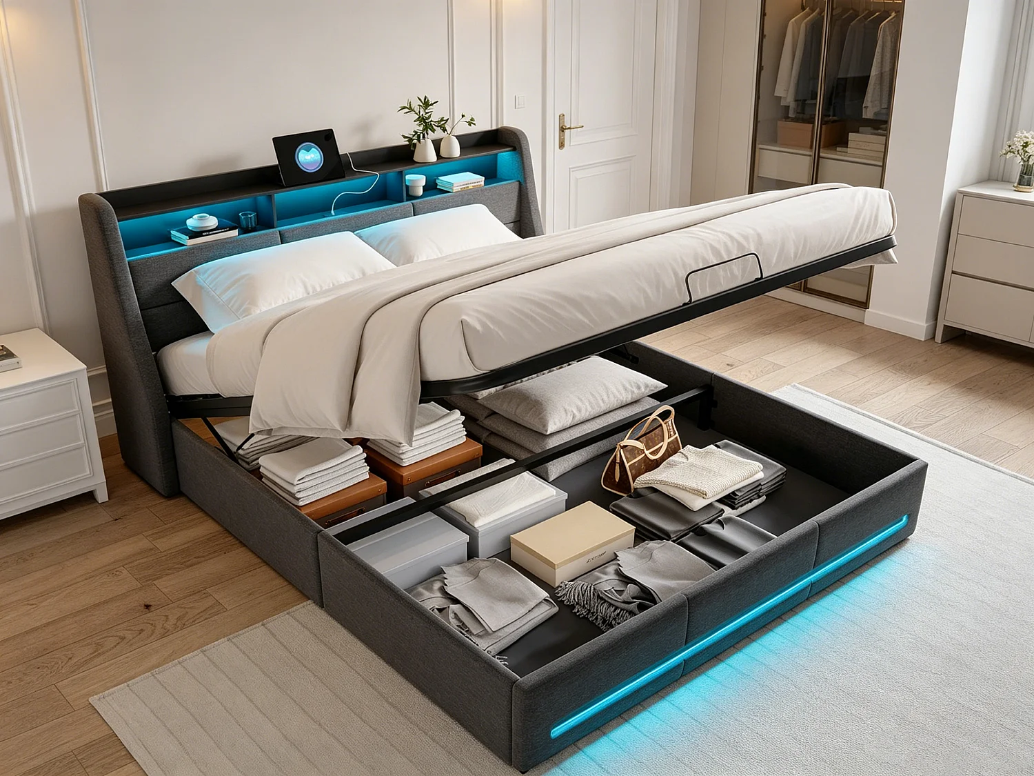 Cama tapizada 140x190cm con compartimento hidráulico - iluminación LED y puerto USB - lino - gris