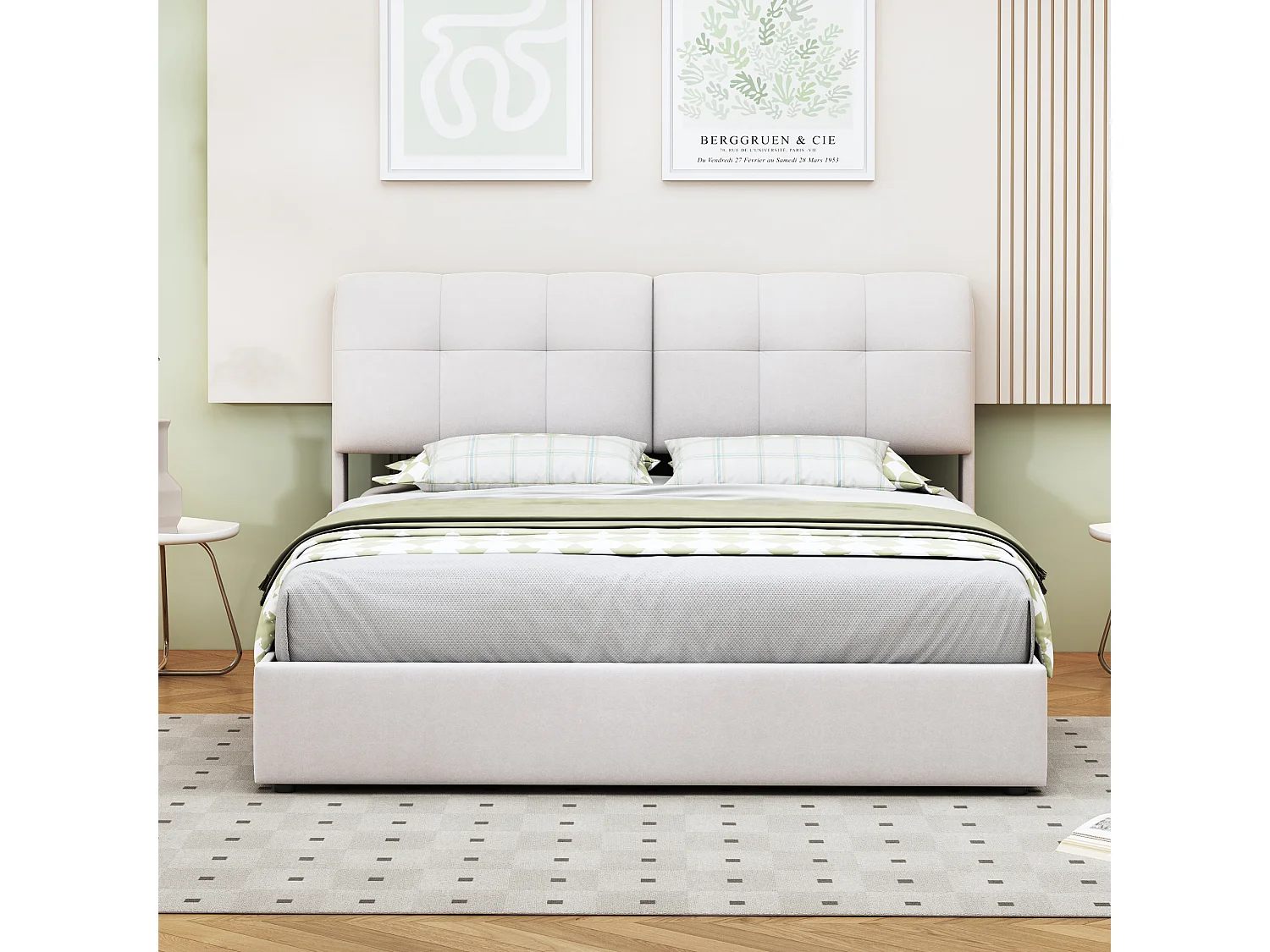 Lit double 140x200cm avec éclairage LED - avec tête de lit et coffre de rangement hydraulique - Beige