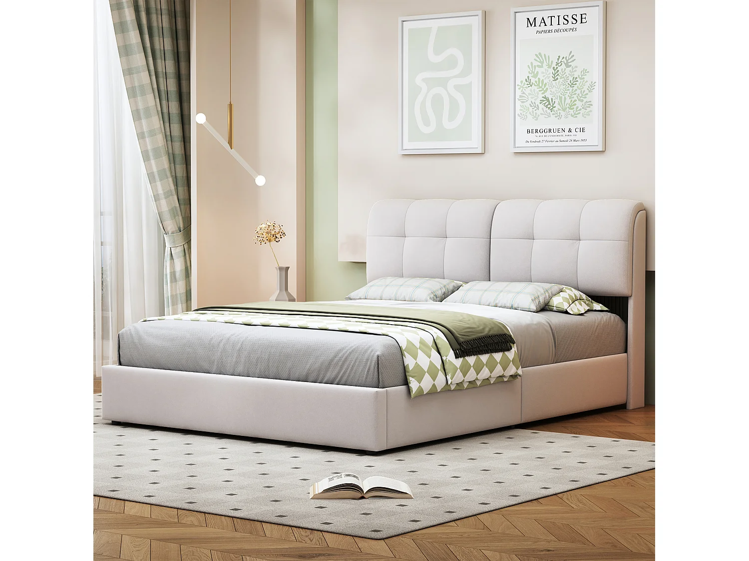 Lit double 140x200cm avec éclairage LED - avec tête de lit et coffre de rangement hydraulique - Beige