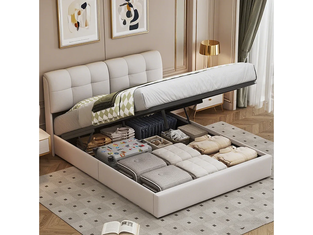 Lit double 140x200cm avec éclairage LED - avec tête de lit et coffre de rangement hydraulique - Beige