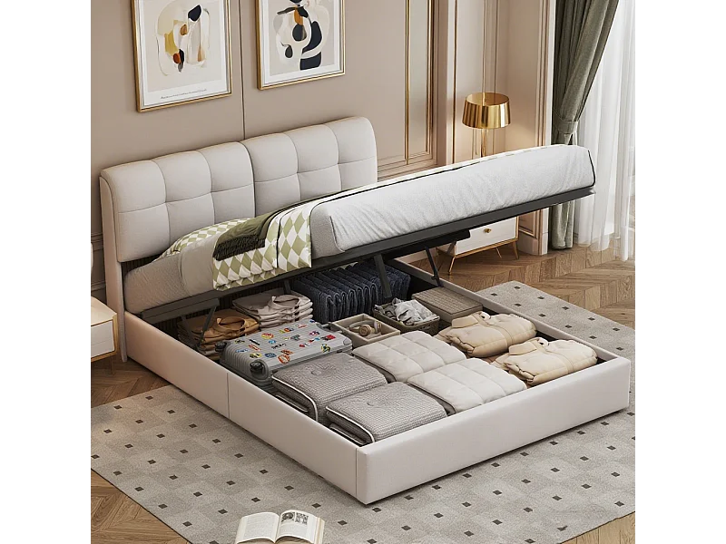 Lit double 140x200cm avec éclairage LED - avec tête de lit et coffre de rangement hydraulique - Beige
