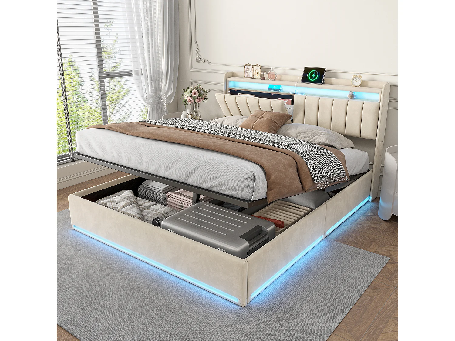 Lit double 140x200cm avec LED et rangement hydraulique - tête de lit avec ports USB et compartiments de rangement - velours - Beige