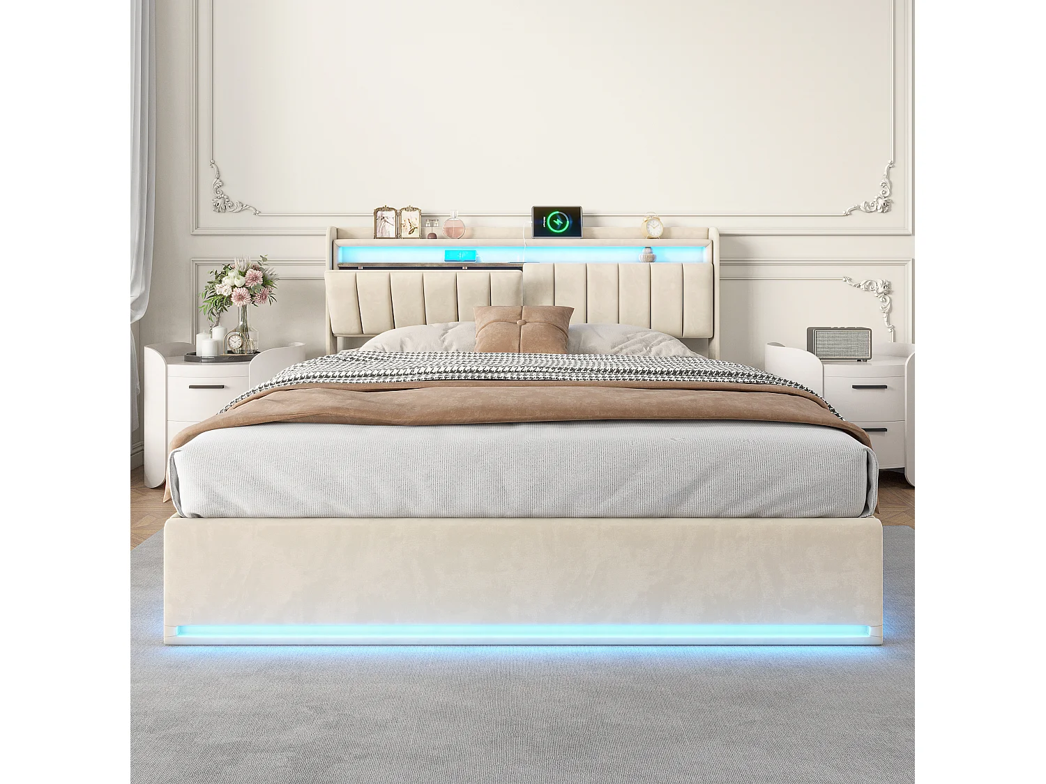 Lit double 140x200cm avec LED et rangement hydraulique - tête de lit avec ports USB et compartiments de rangement - velours - Beige