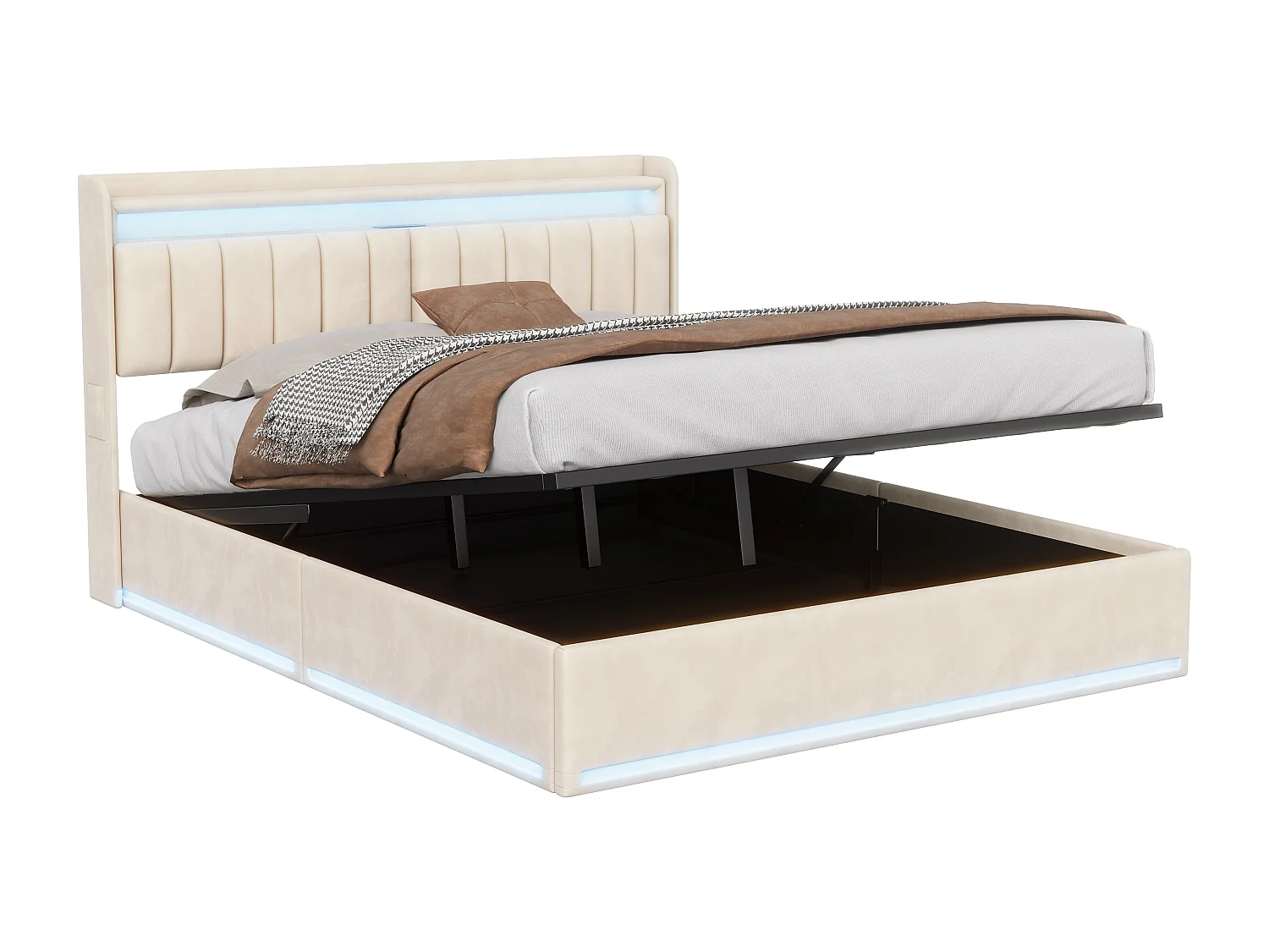 Tweepersoonsbed 140x200cm met ledverlichting en hydraulische opbergruimte - hoofdbord met USB-poorten en opbergvakken - fluweel - beige