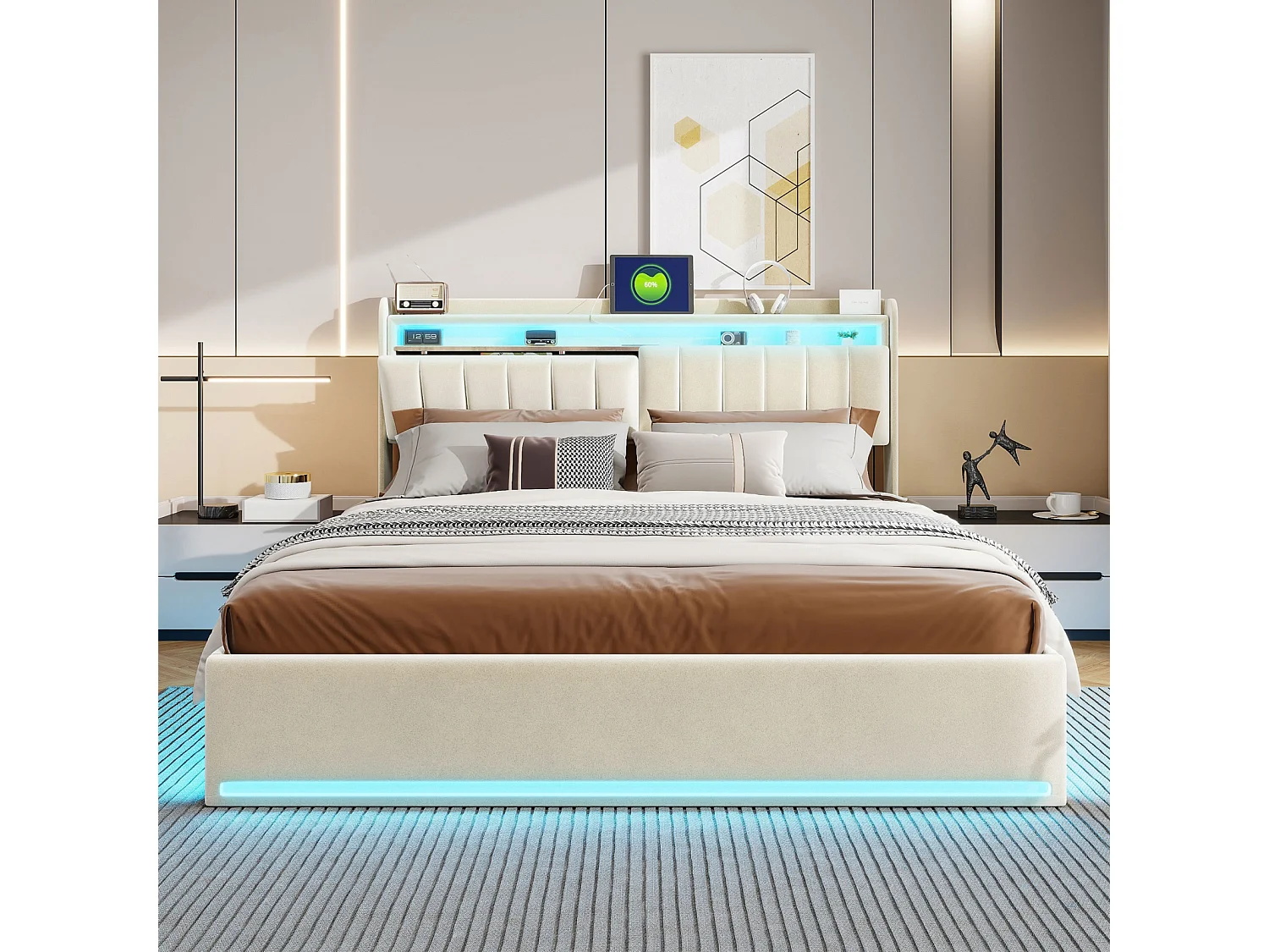 Lit double 140x200cm avec LED et rangement hydraulique - tête de lit avec ports USB et compartiments de rangement - velours - Beige