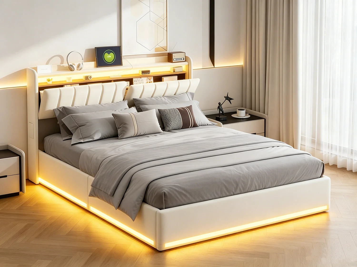 Lit double 140x200cm avec LED et rangement hydraulique - tête de lit avec ports USB et compartiments de rangement - velours - Beige