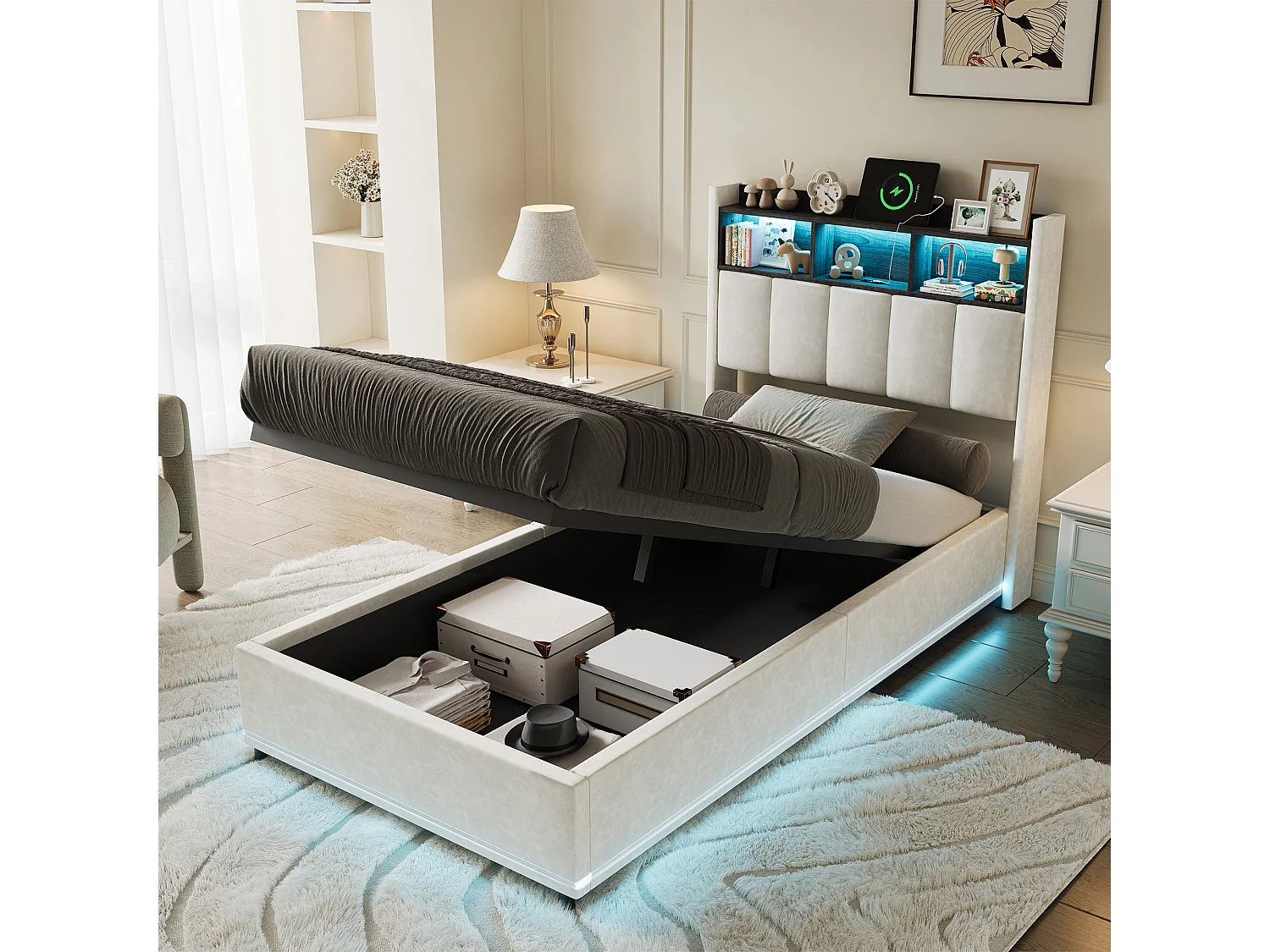 Lit simple coffre 90x200 cm avec éclairage LED et port USB - compartiment de rangement hydraulique - Velours - Blanc