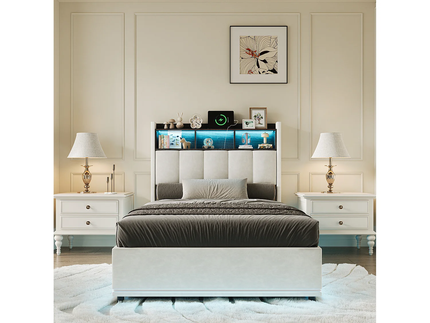 Lit simple coffre 90x200 cm avec éclairage LED et port USB - compartiment de rangement hydraulique - Velours - Blanc