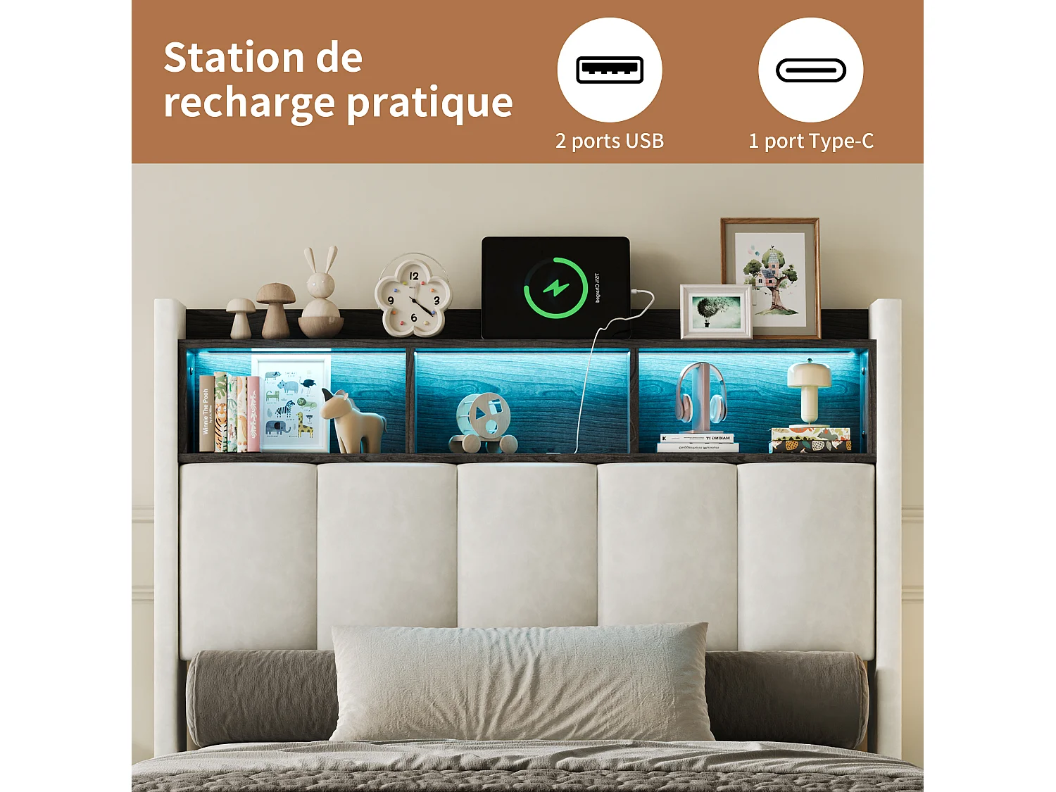 Lit simple coffre 90x200 cm avec éclairage LED et port USB - compartiment de rangement hydraulique - Velours - Blanc