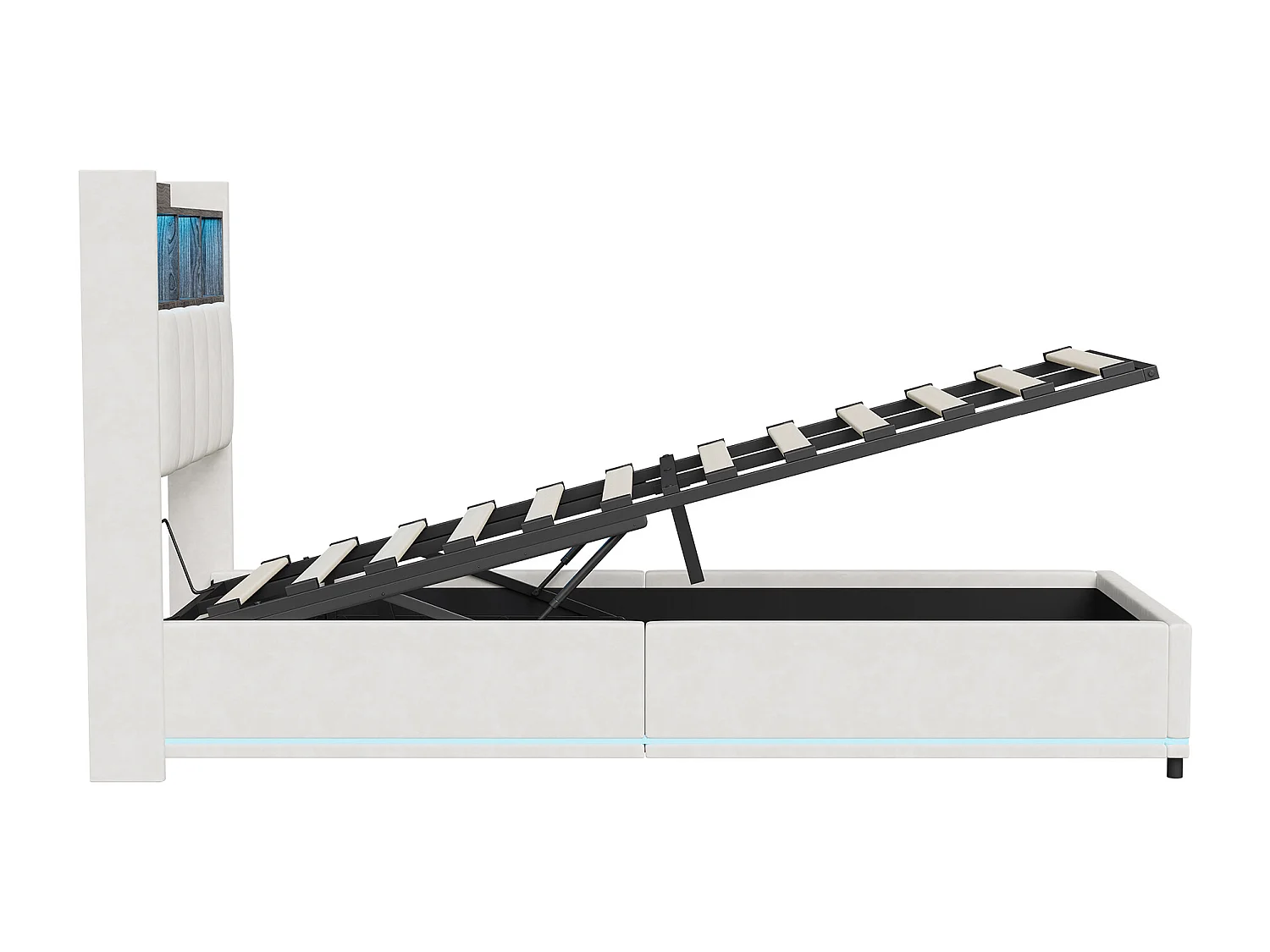 Lit simple coffre 90x200 cm avec éclairage LED et port USB - compartiment de rangement hydraulique - Velours - Blanc