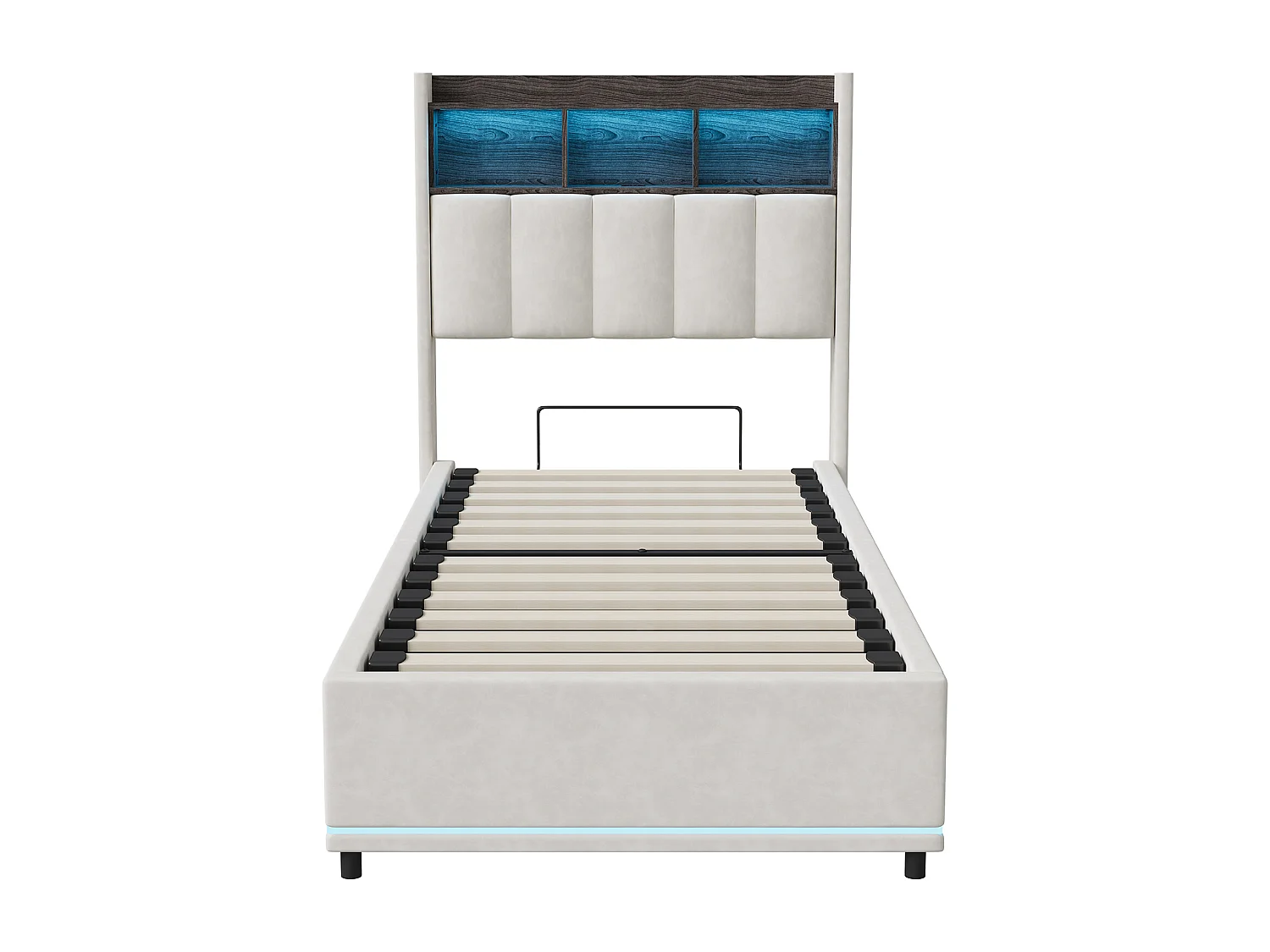 Lit simple coffre 90x200 cm avec éclairage LED et port USB - compartiment de rangement hydraulique - Velours - Blanc