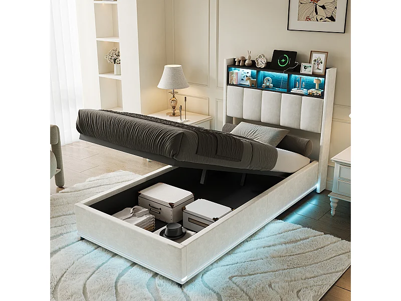 Lit simple coffre 90x200 cm avec éclairage LED et port USB - compartiment de rangement hydraulique - Velours - Blanc