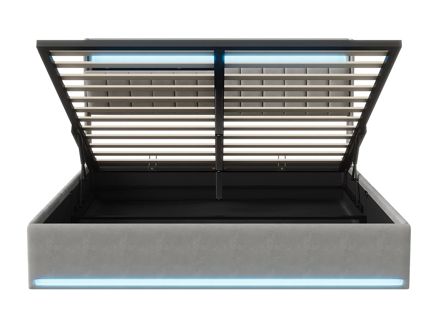 Lit double 160x200cm avec éclairage LED et rangement hydraulique - tête de lit avec ports USB et compartiments de rangement - velours - gris