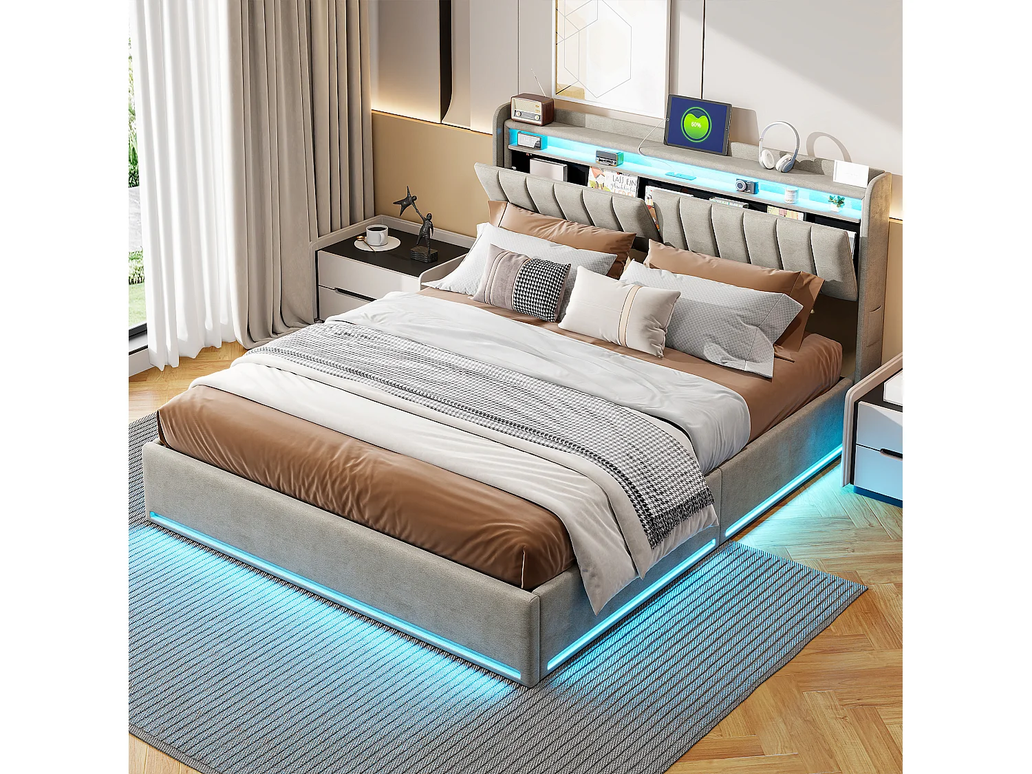 Tweepersoonsbed 160 x 200 cm met ledverlichting en hydraulische opbergruimte – hoofdbord met USB-poorten en opbergvakken – fluweel – grijs