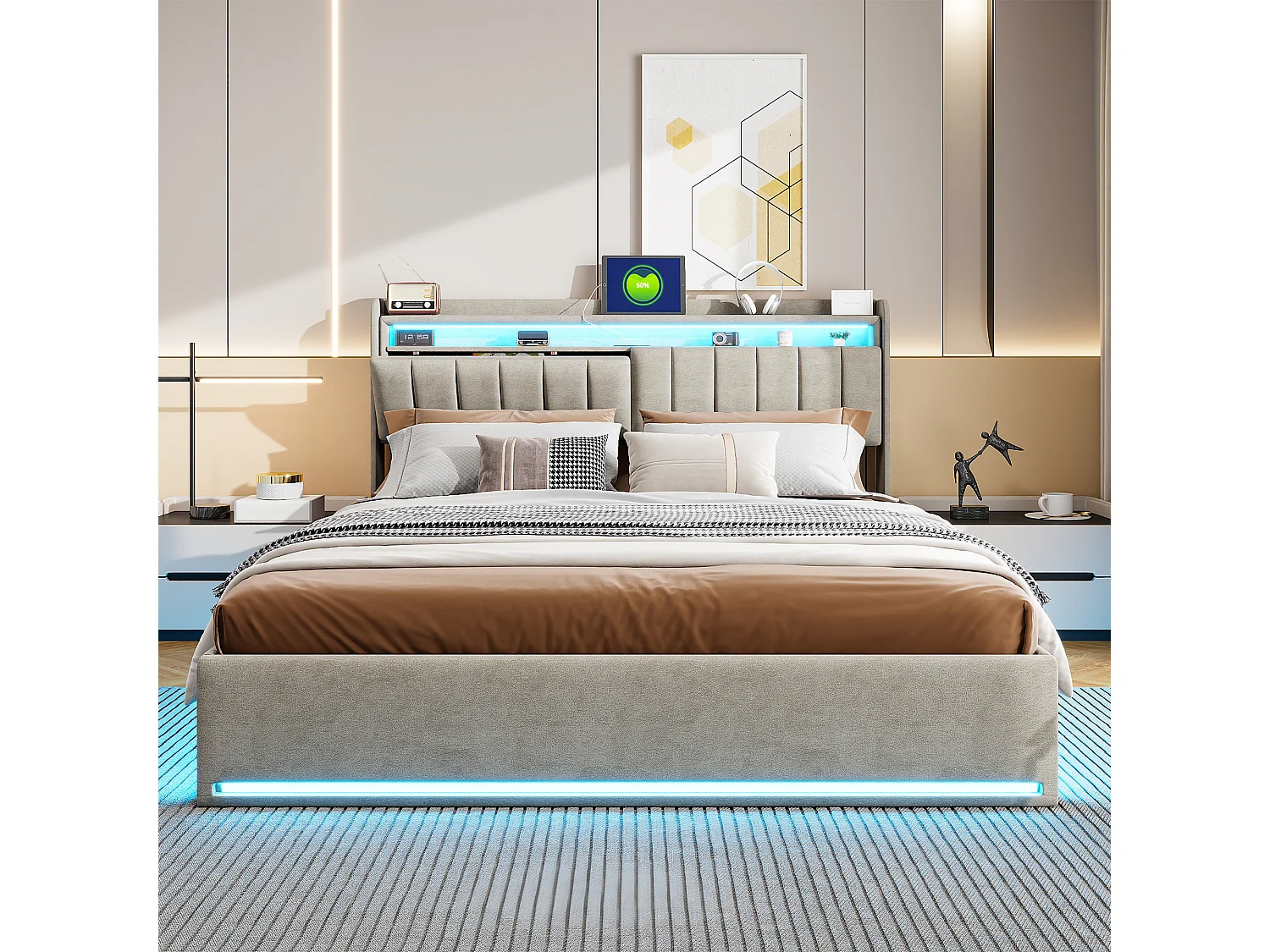 Tweepersoonsbed 160 x 200 cm met ledverlichting en hydraulische opbergruimte – hoofdbord met USB-poorten en opbergvakken – fluweel – grijs