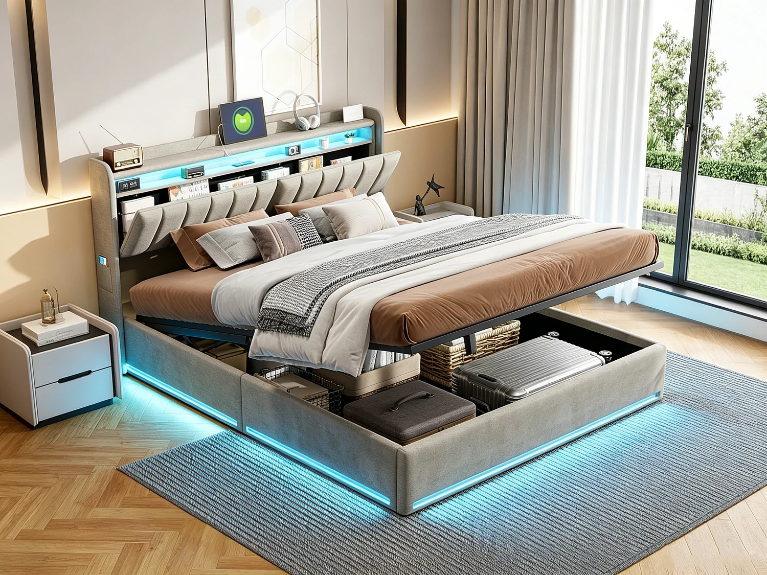 Tweepersoonsbed 160 x 200 cm met ledverlichting en hydraulische opbergruimte – hoofdbord met USB-poorten en opbergvakken – fluweel – grijs