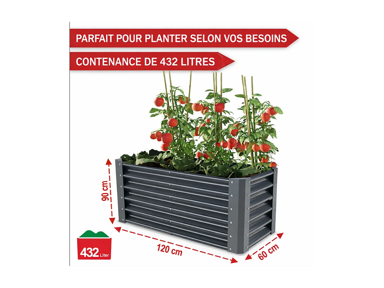 Carré Potager de Jardin surélevé en acier Antracite 60x60x120cm L pour balcon ou jardin