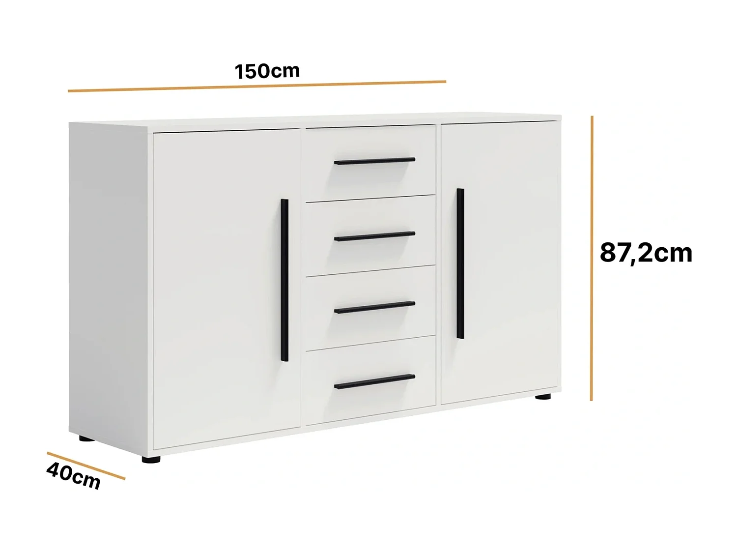 Commode buffet Modena 150 cm - Blanc Mat (2 portes, 4 tiroirs)