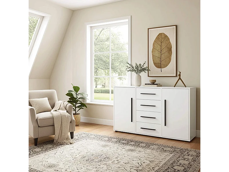 Commode buffet Modena 150 cm - Blanc Mat (2 portes, 4 tiroirs)