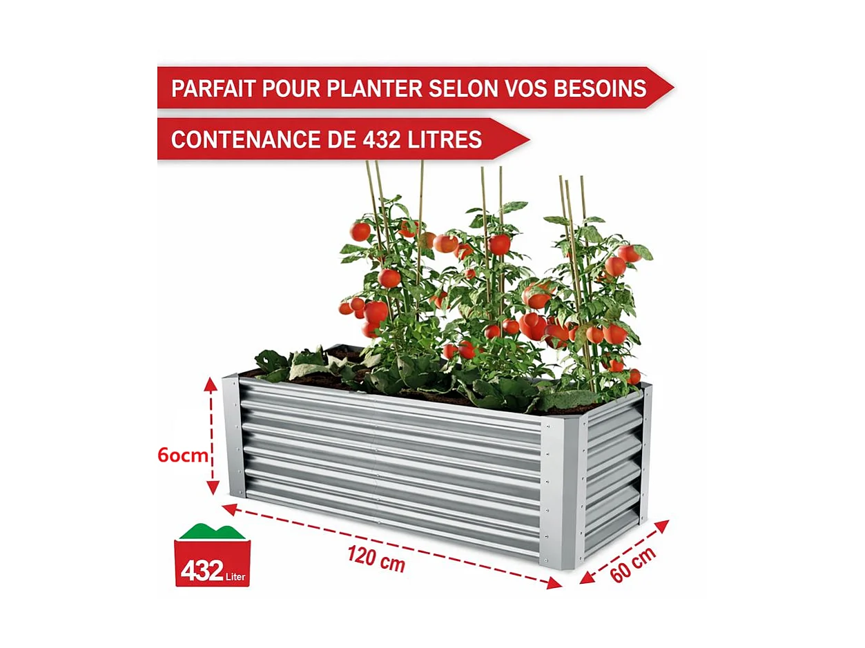 Carré Potager de Jardin surélevé en acier argenté 60x60x120cm L pour balcon ou jardin