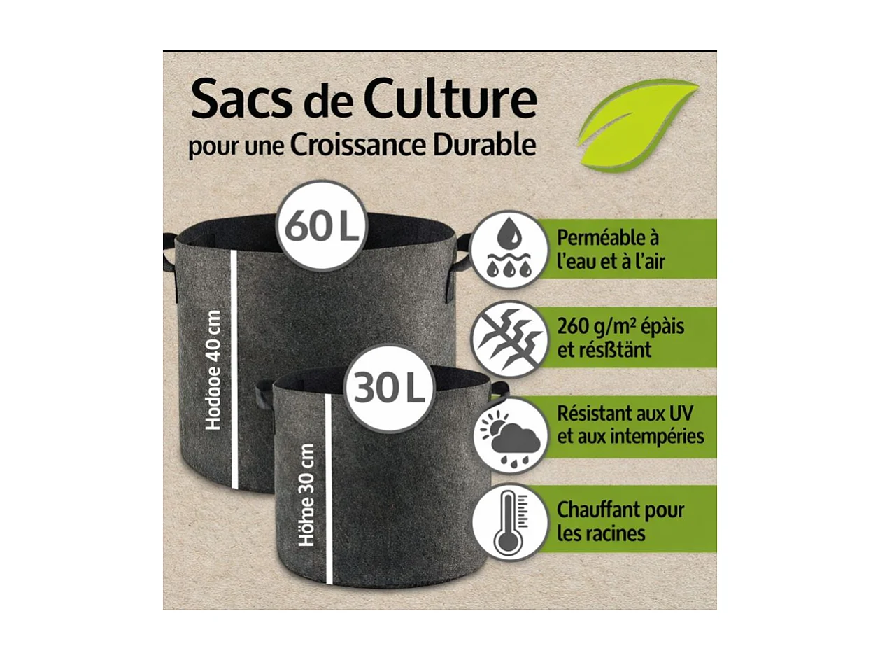 Sac de plantations lot de 6 en tissu non tissé Sac à plantes 30L et 60L réutilisable