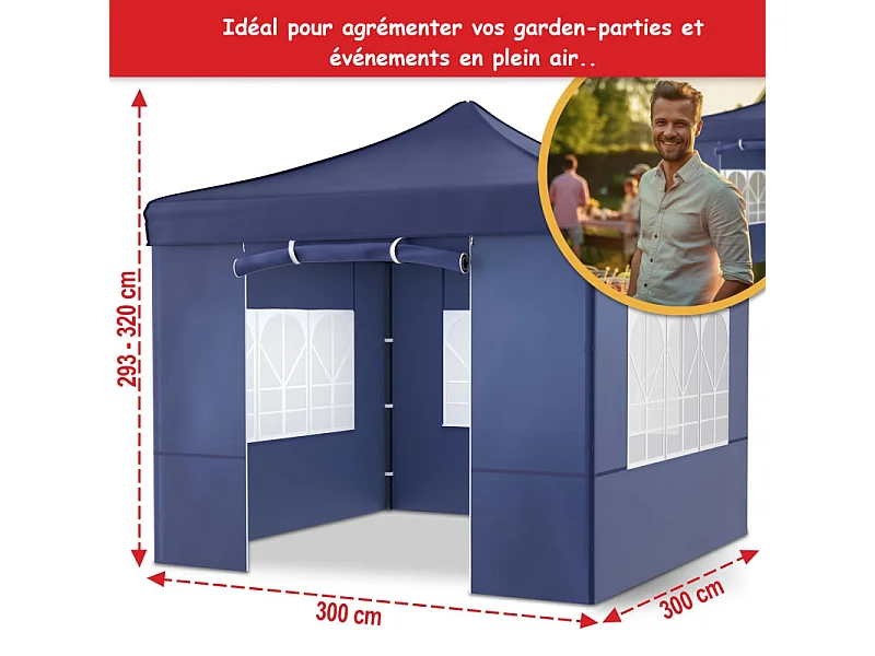 Pavillon 3x3m Tonnelle de jardin pliable Bleu avec fenêtres Sac de rangement inclus