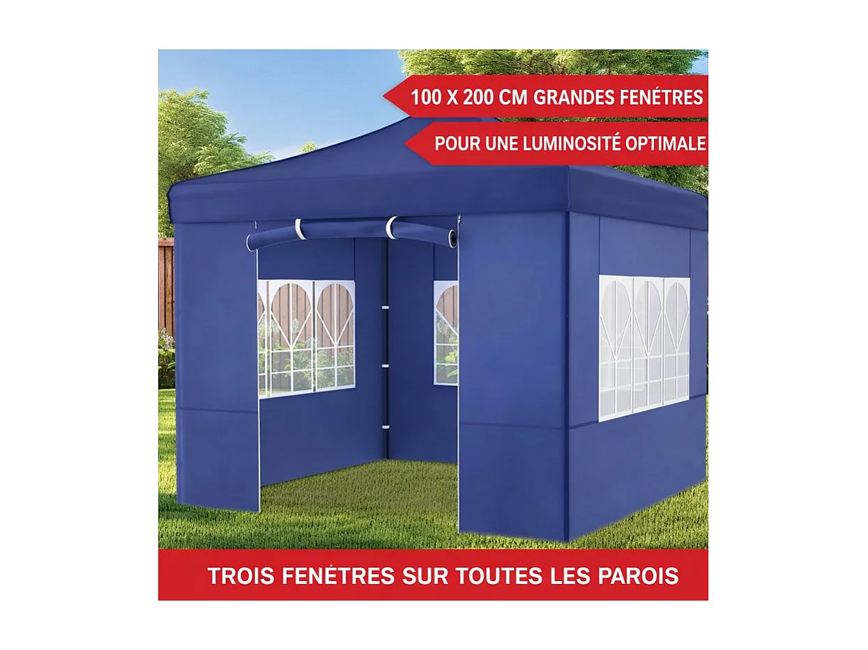 Pavillon 3x3m Tonnelle de jardin pliable Bleu avec fenêtres Sac de rangement inclus