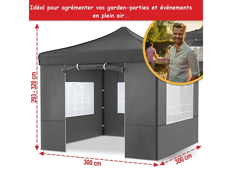 Pavillon 3x3m Tonnelle de jardin pliable Gris avec fenêtres Sac de rangement inclus