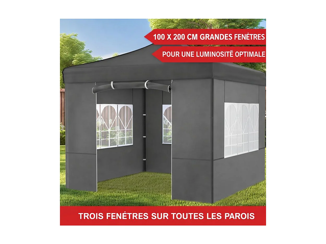 Pavillon 3x3m Tonnelle de jardin pliable Gris avec fenêtres Sac de rangement inclus