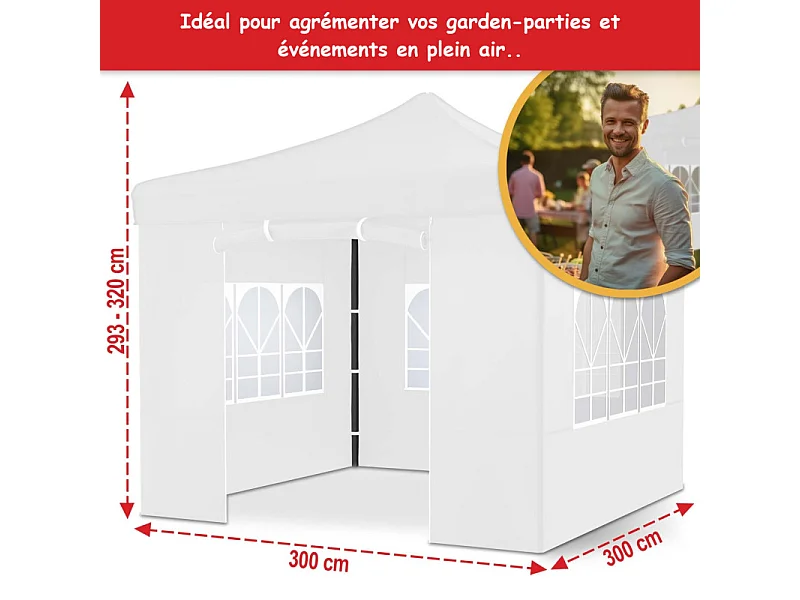 Pavillon 3x3m Tonnelle de jardin pliable Blanc avec fenêtres Sac de rangement inclus