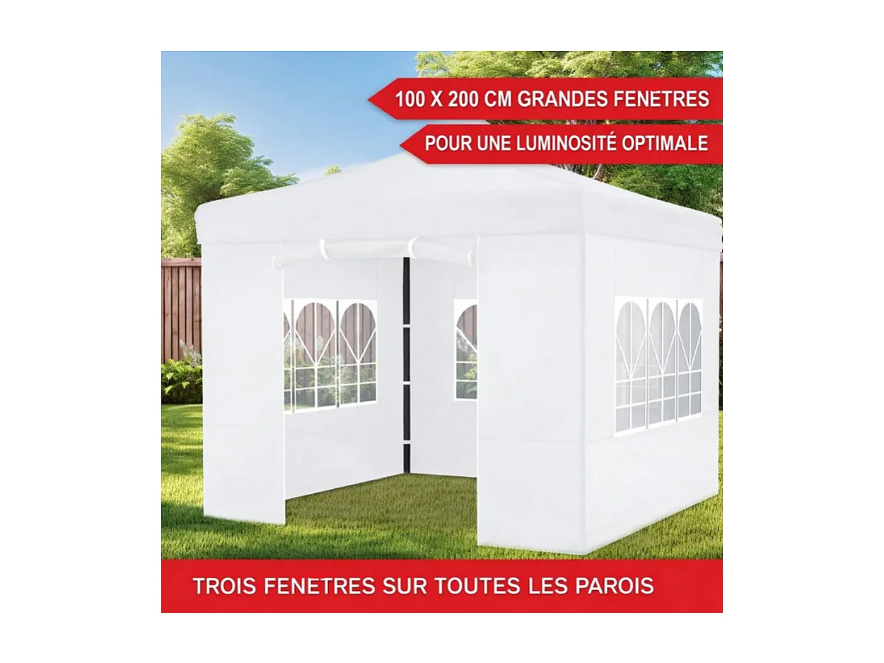 Pavillon 3x3m Tonnelle de jardin pliable Blanc avec fenêtres Sac de rangement inclus