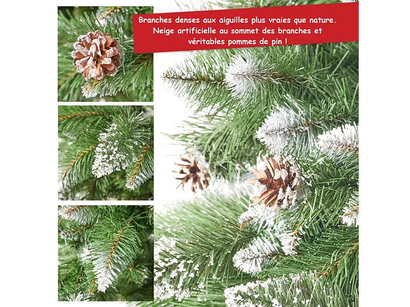 Sapin de Noël artificiel 220cm Arbre de Noël neige décorative Pommes de pin Support inclus