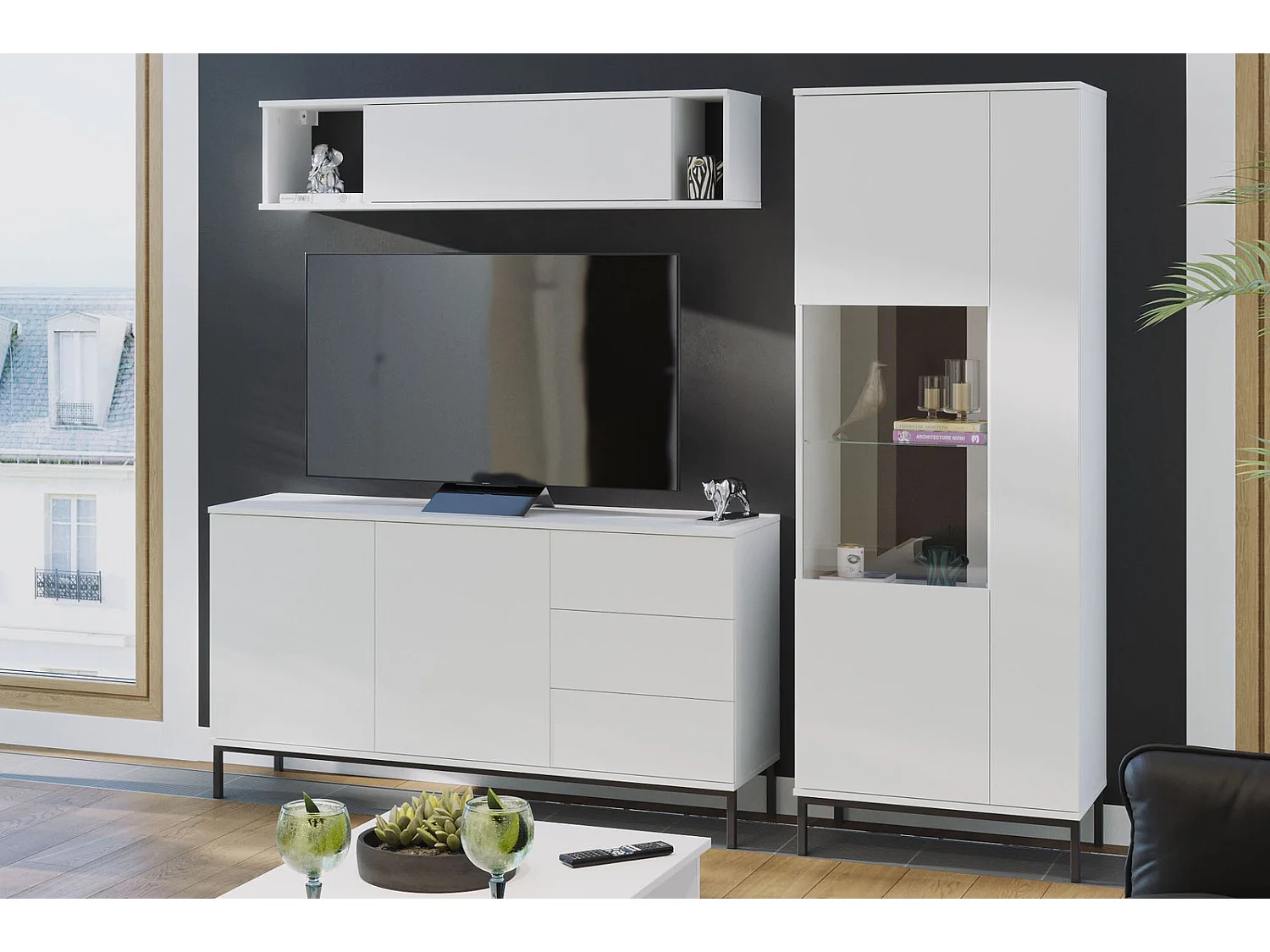 Ensemble salon Dallas III - Blanc Mat (Vitrine, Commode, Étagère murale)