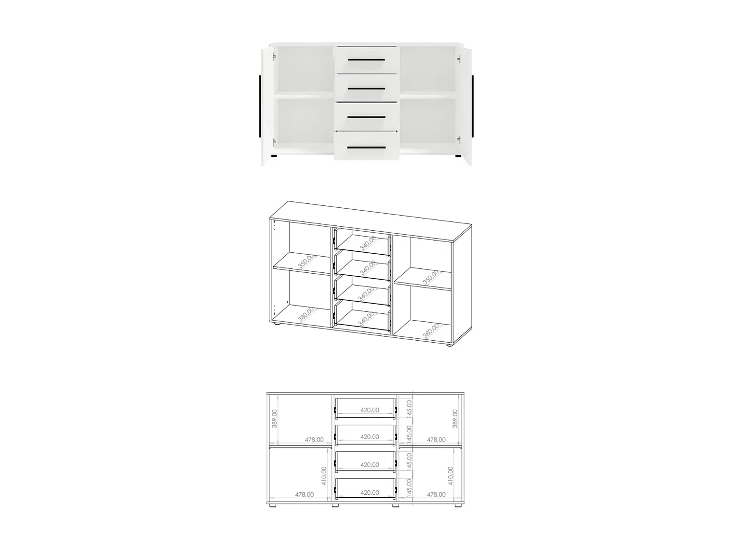 Dressoir Modena 150 cm - Mat Zwart (2 deuren, 4 lades)
