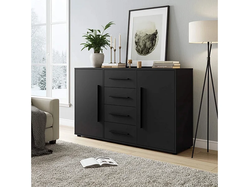 Dressoir Modena 150 cm - Mat Zwart (2 deuren, 4 lades)