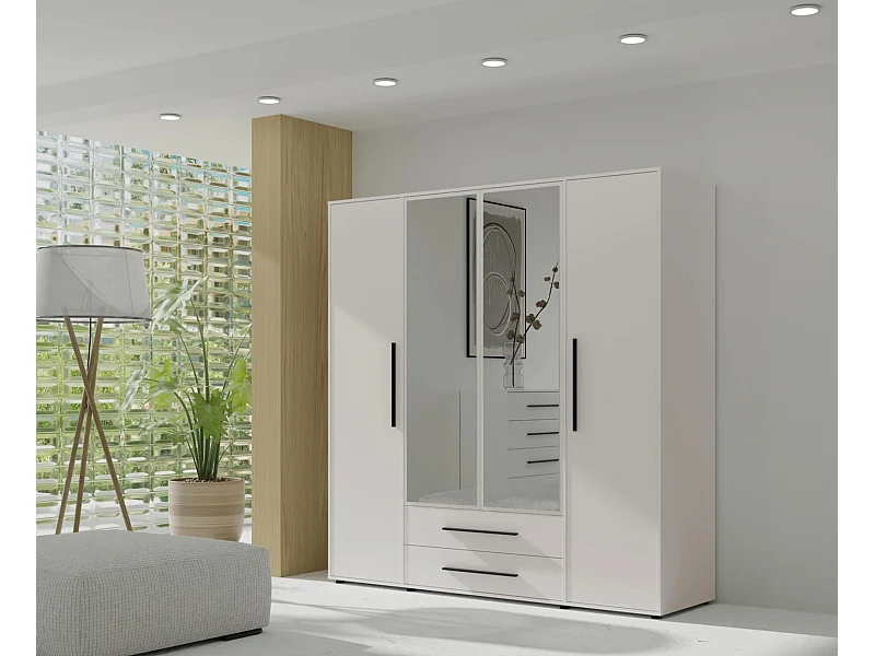 Armoire dressing Modena 200 cm - Blanc Mat avec miroir et tiroirs