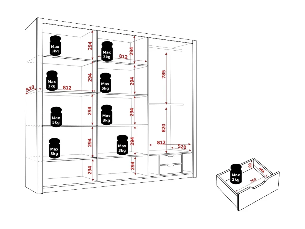 Kledingkast 250 cm Tamiza - Monastery Eiken met spiegel en lades