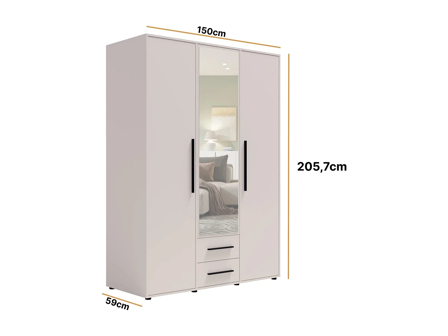 Armoire dressing Modena 150 cm - Cachemire avec miroir et tiroirs