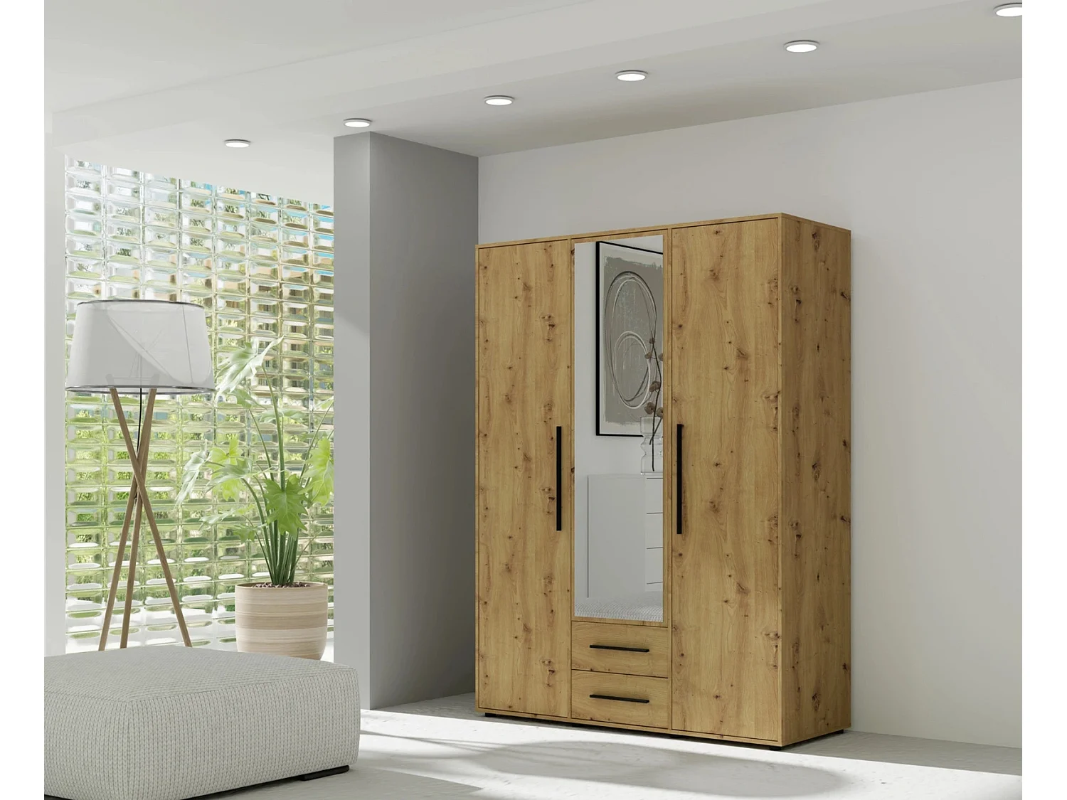 Armoire dressing Modena 150 cm - Chêne Artisan avec miroir et tiroirs