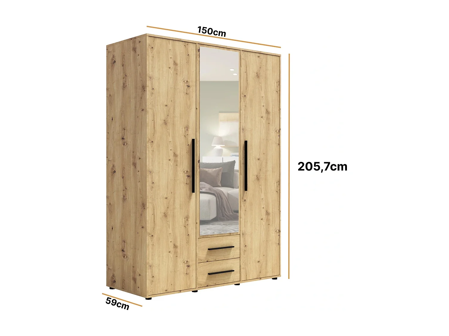 Armoire dressing Modena 150 cm - Chêne Artisan avec miroir et tiroirs