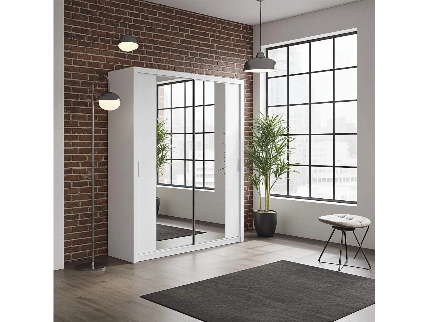 Armoire coulissante avec miroir Tamiza 200 cm - Blanc