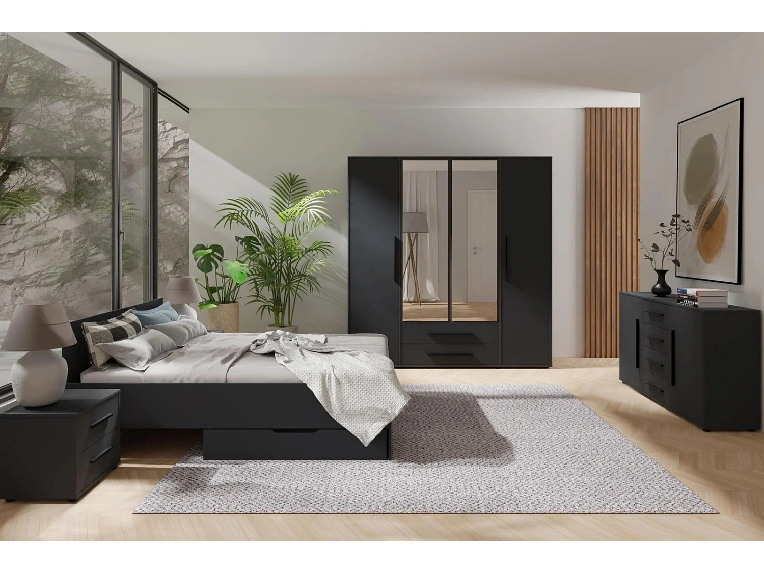 Tweepersoonsbed Modena 160x200 cm - Mat Zwart (Incl. Flex lattenbodem)