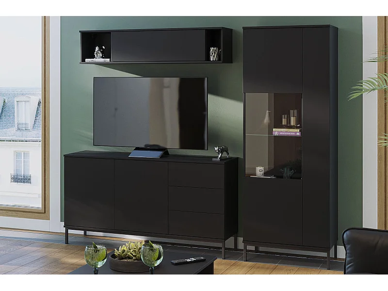 Ensemble salon Dallas III - Noir Mat (Vitrine, Commode, Étagère murale)