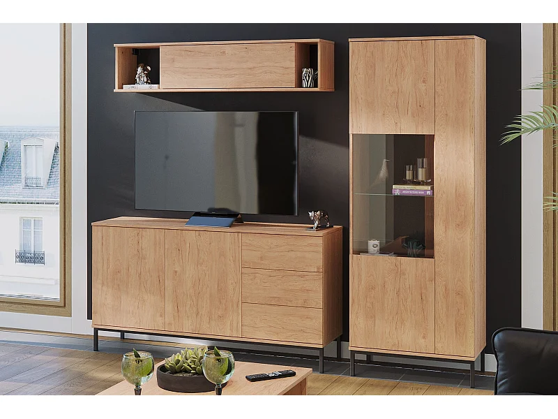 Ensemble salon Dallas III - Hickory Naturel (Vitrine, Commode, Étagère murale)