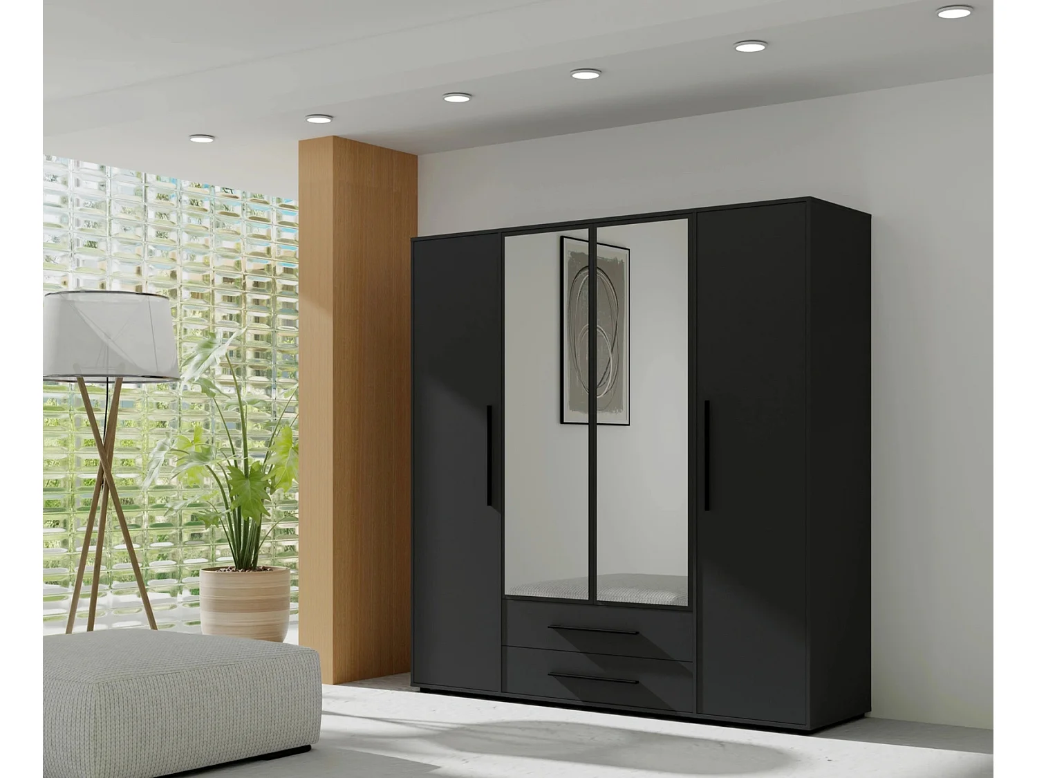 Armoire dressing Modena 200 cm - Noir Mat avec miroir et tiroirs